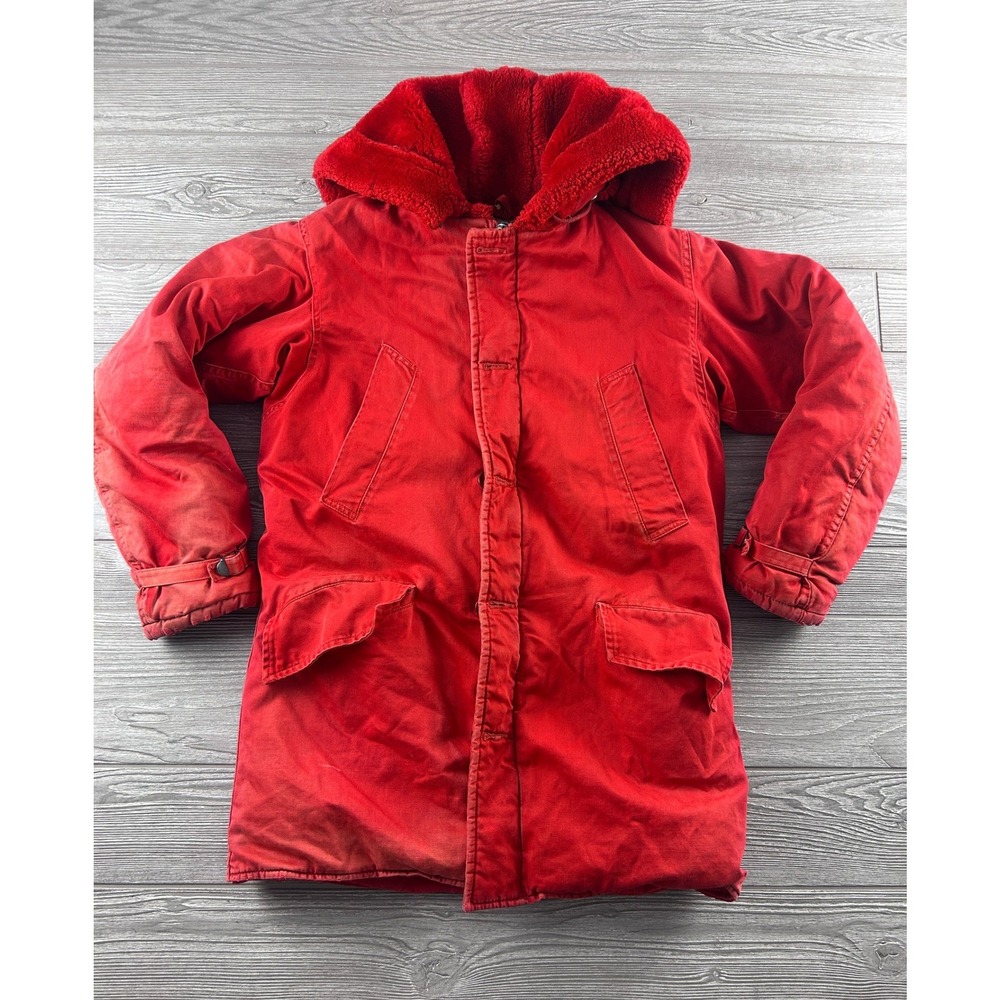 Vintage Penneys 50s Red Parka Faux Fur Hood Quilted Lining Canvas Jacket Size 36